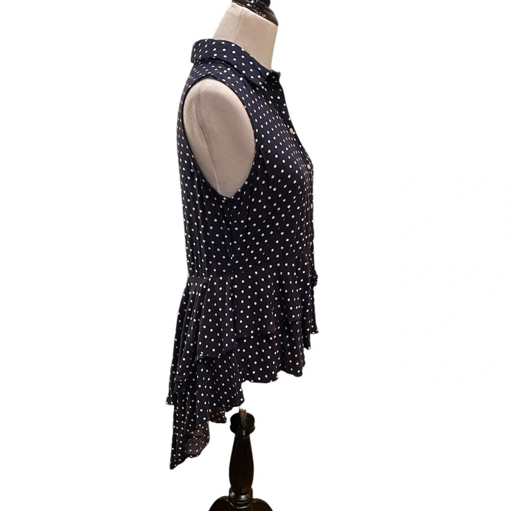 For the Republic Polka Dot Sleeveless Ruffle High Low Top Size M 100% Rayon - Picture 6 of 12